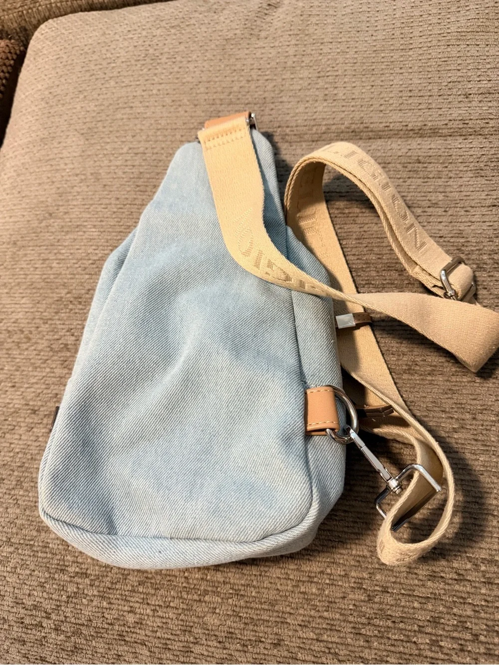 True Religion Light Denim Sling Bag with Tan Strap